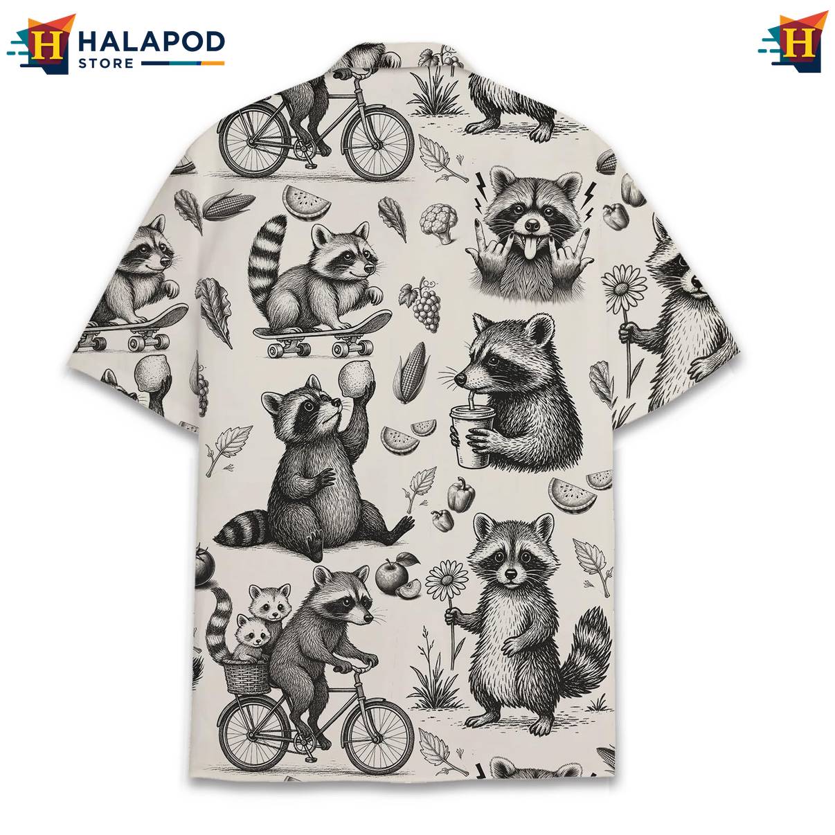 Cream Raccoon Funny Tropical Shirt Alien UFO Short Sleeve Button Down Mens