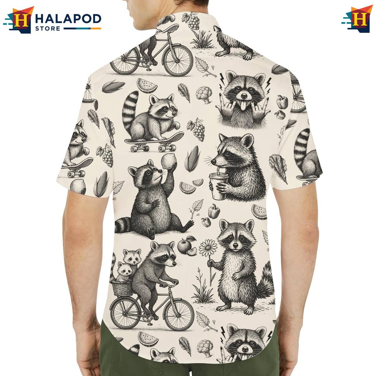 Cream Raccoon Funny Short-sleeve button-up shirt Alien UFO Short Sleeve Button Down Mens