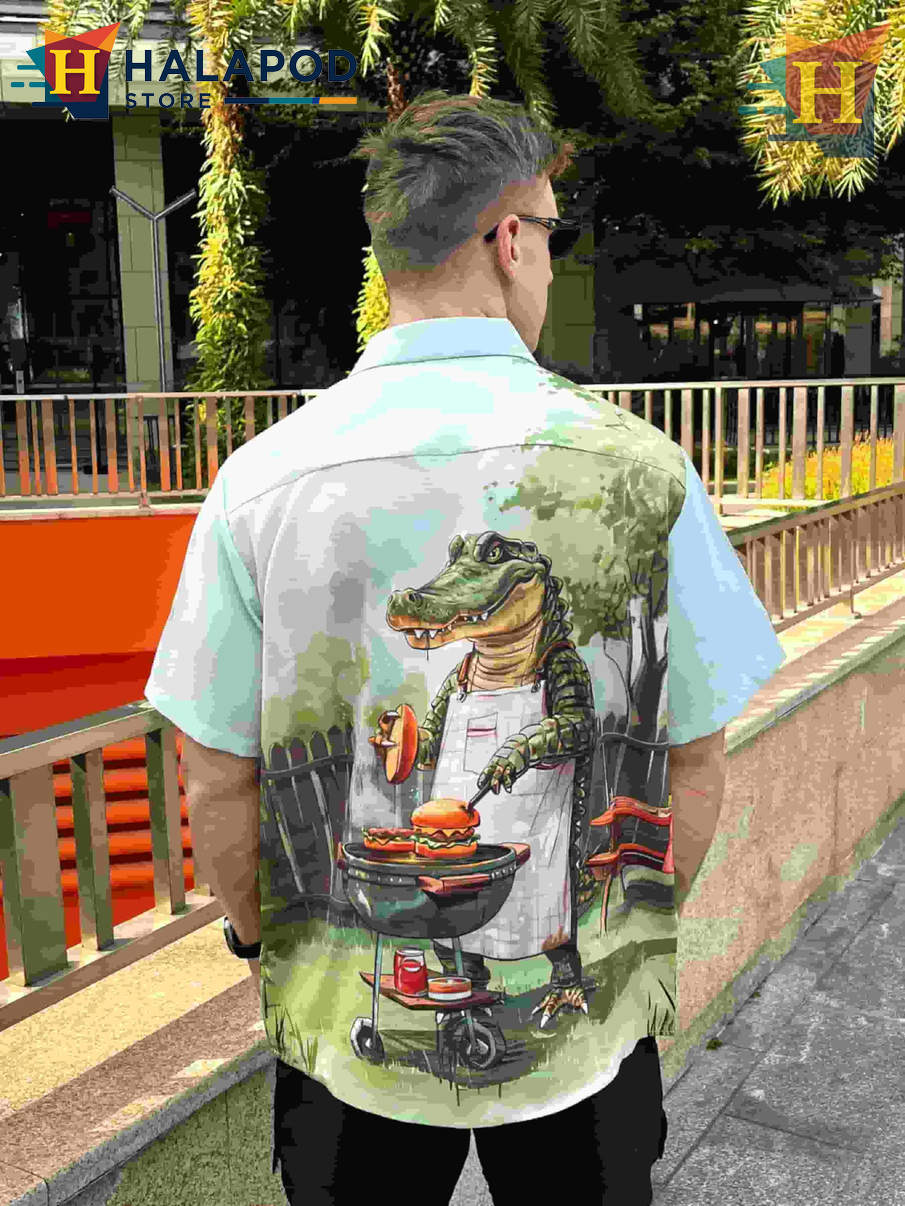 Crocodile Chef Hawaiian Shirt Funny Graphic Tropical Casual Beach Mens Shirt
