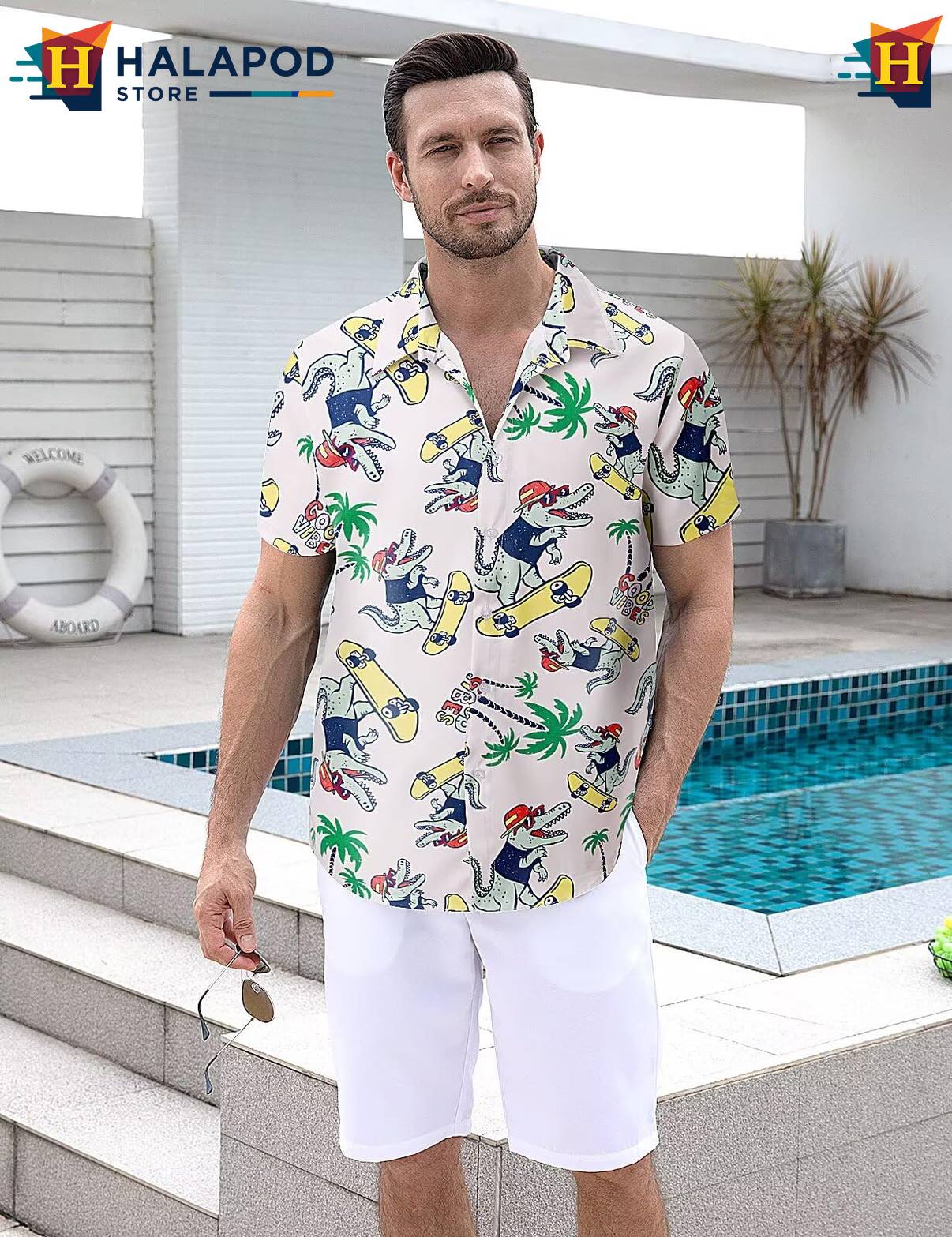 Crocodile Tropical Short-sleeve button-up shirt Mens Beach Button Down Short Sleeve Tops