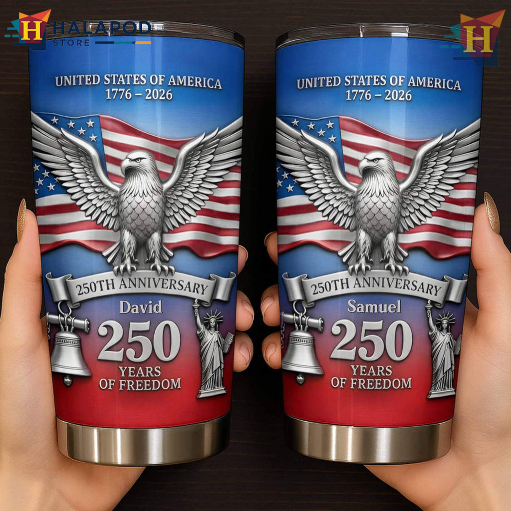 Custom Name 250 Years Freedom Tumbler 2026 Funny Super Dad Fathers Day Gift