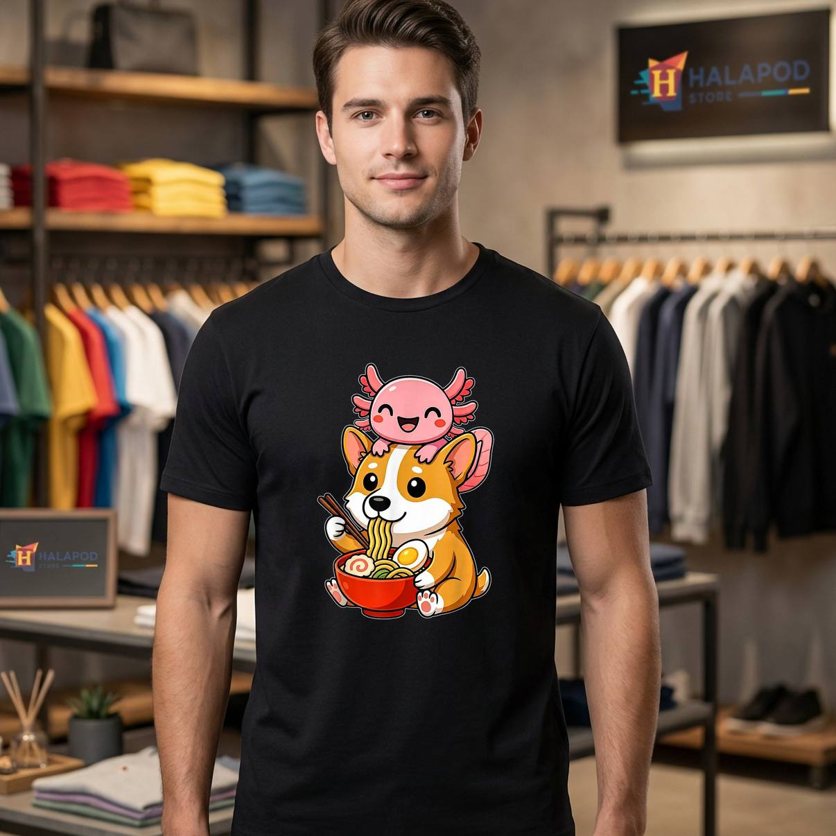 Cute Axolotl And Corgi Dog Shirt Funny Eating Ramen Anime Noodle Graphic