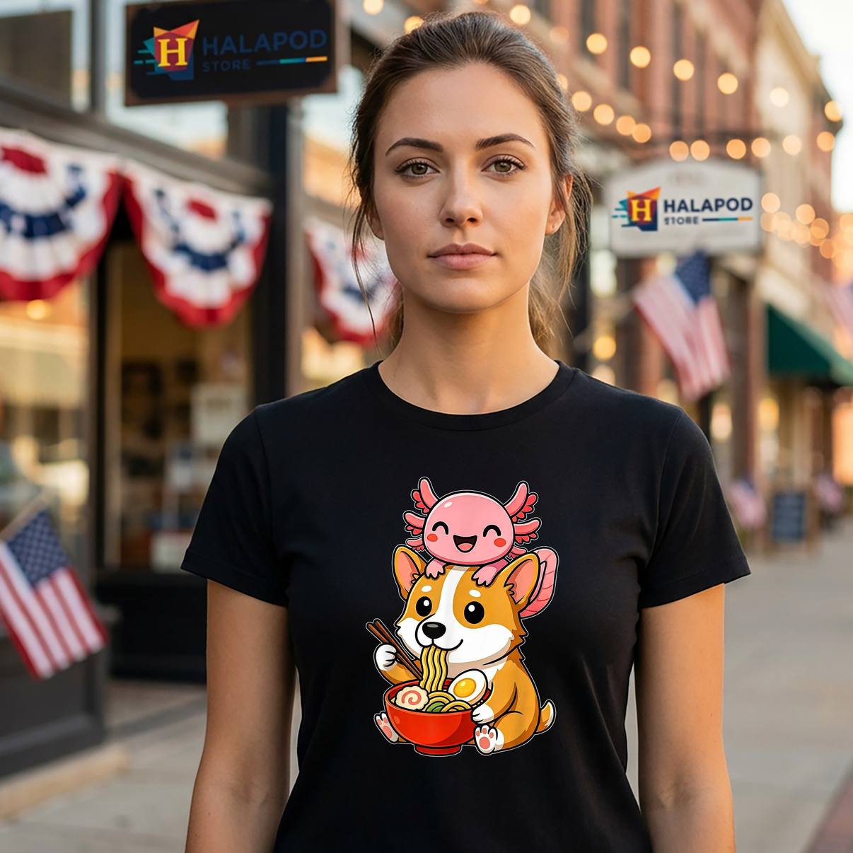 Cute Axolotl And Corgi Dog T-Shirt Funny Eating Ramen Anime Noodle Graphic