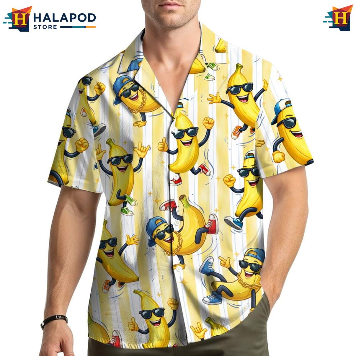 Cute Banana Aloha Shirt, Vibrant Summer Button Down With Playful Banana Characters