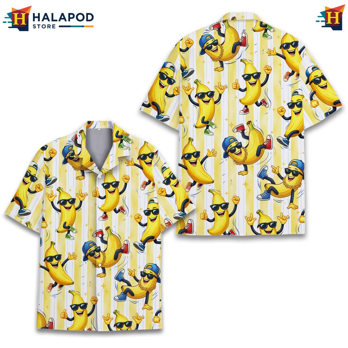 Cute Banana Aloha Tee Shirt, Vibrant Summer Button Down With Playful Banana Characters