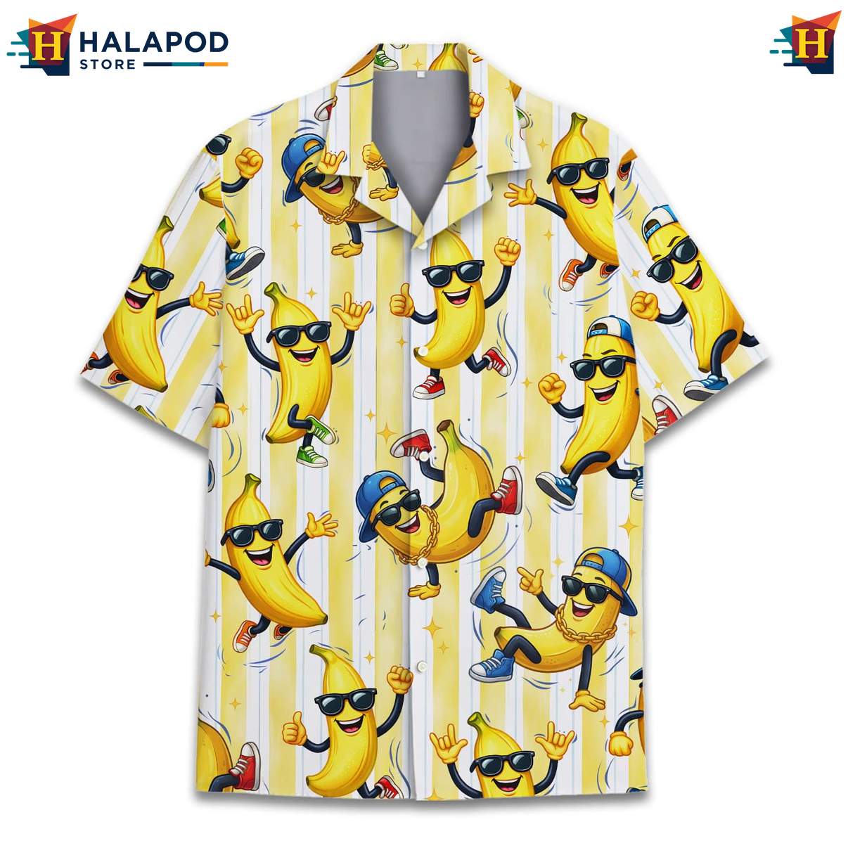 Cute Banana Aloha T-Shirt, Vibrant Summer Button Down With Playful Banana Characters