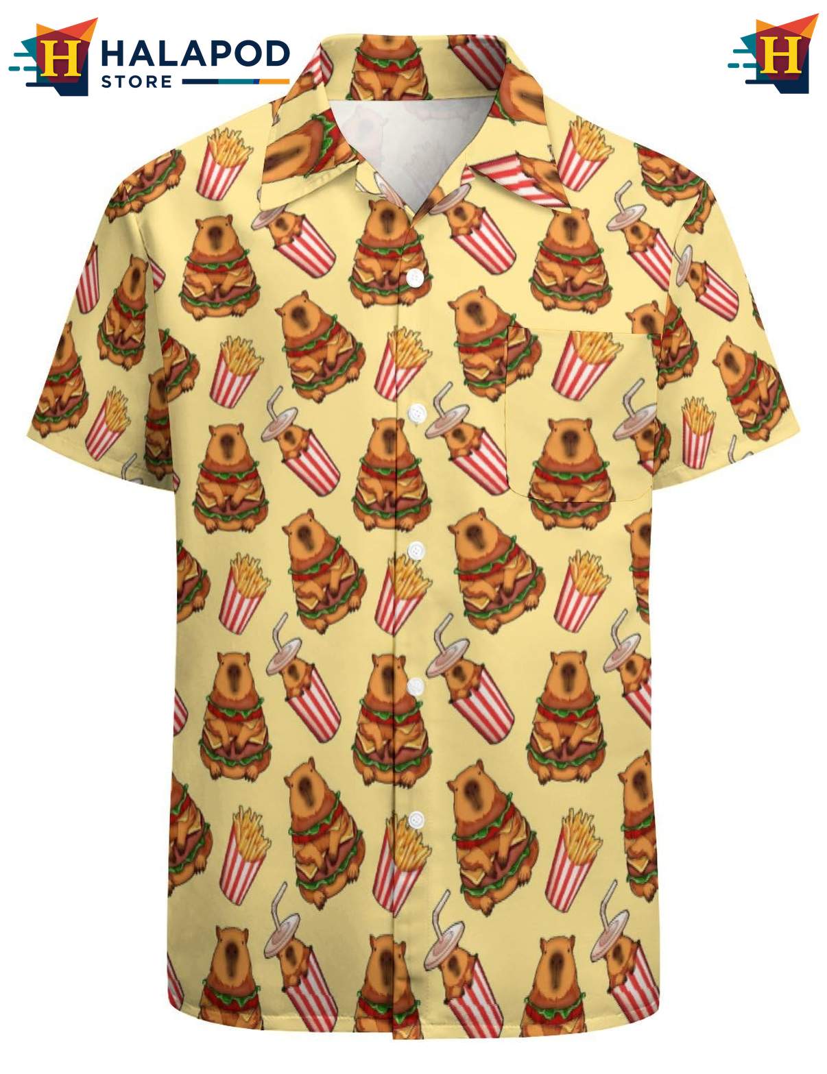Cute Capybara Hawaiian Shirt, Playful Button Up With Food Graphics And Vibrant Colors