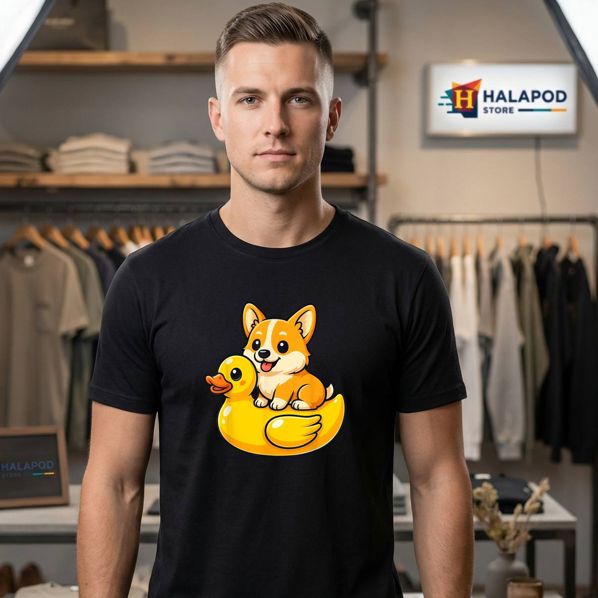 Cute Corgi Dog Rubber Duck Tee Shirt Funny Pet Animal Graphic Apparel For Men