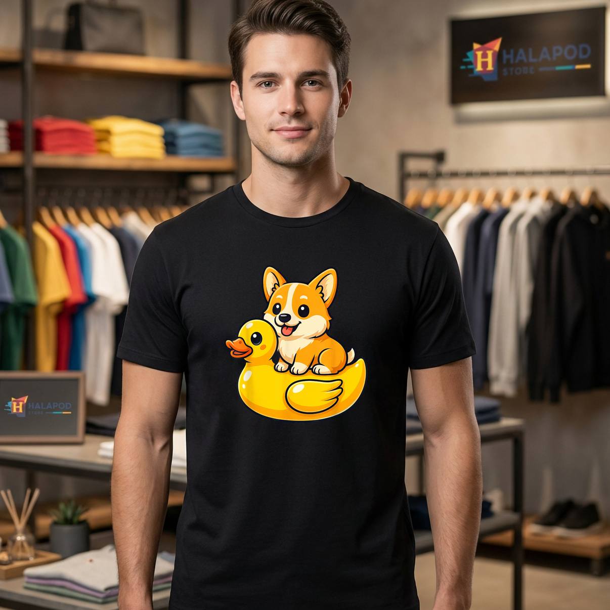 Cute Corgi Dog Rubber Duck T-Shirt Funny Pet Animal Graphic Apparel For Men