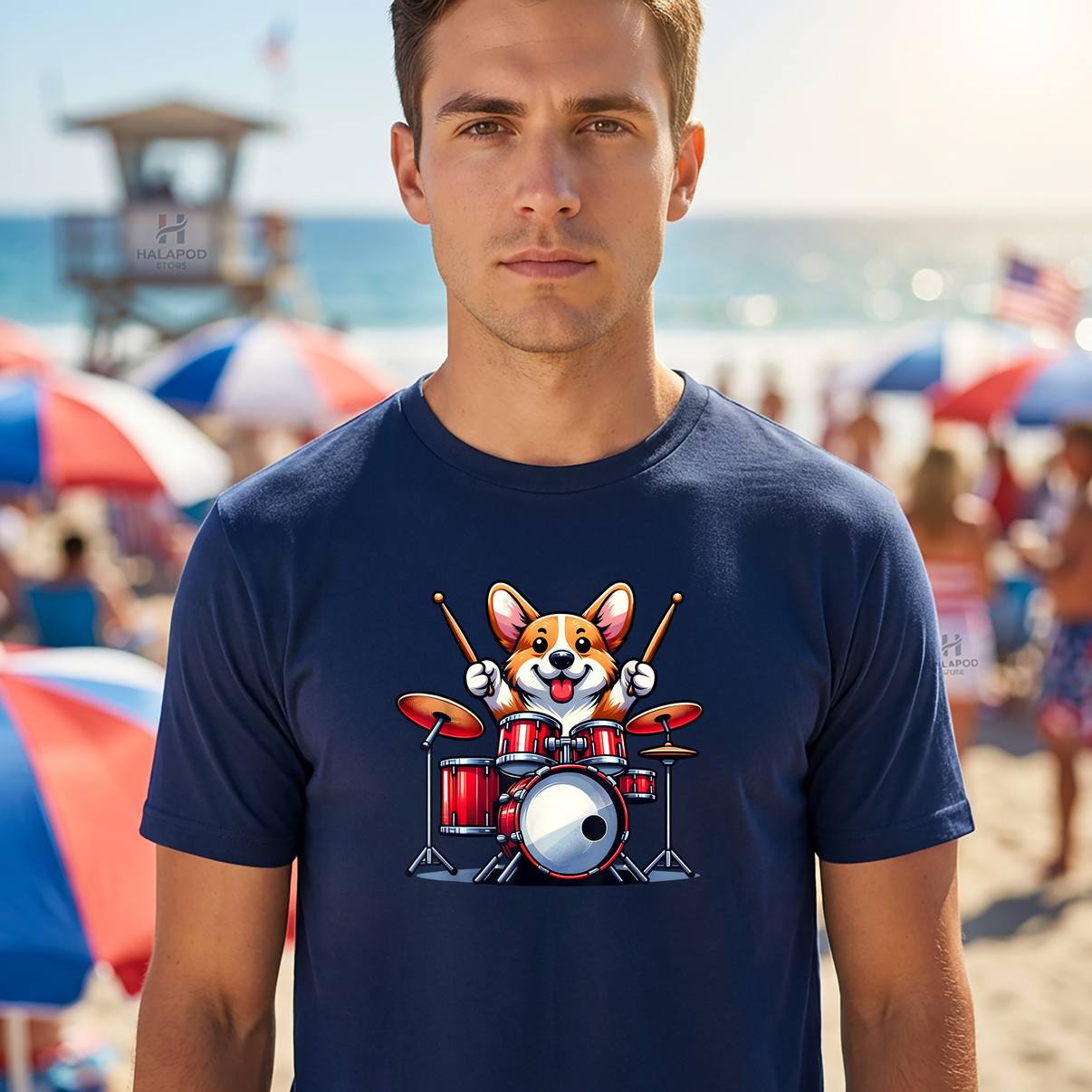 Cute Corgi Playing Drums Tee Shirt Drumset Graphic Funny Drummer Apparel Men