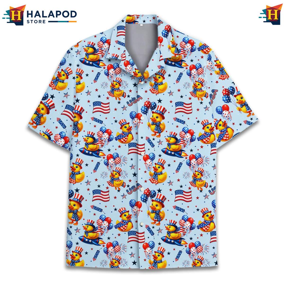 Cute Duck Aloha T-Shirt, Patriotic Design For Men, 4th Of July Button Down Short Sleeve Shirt