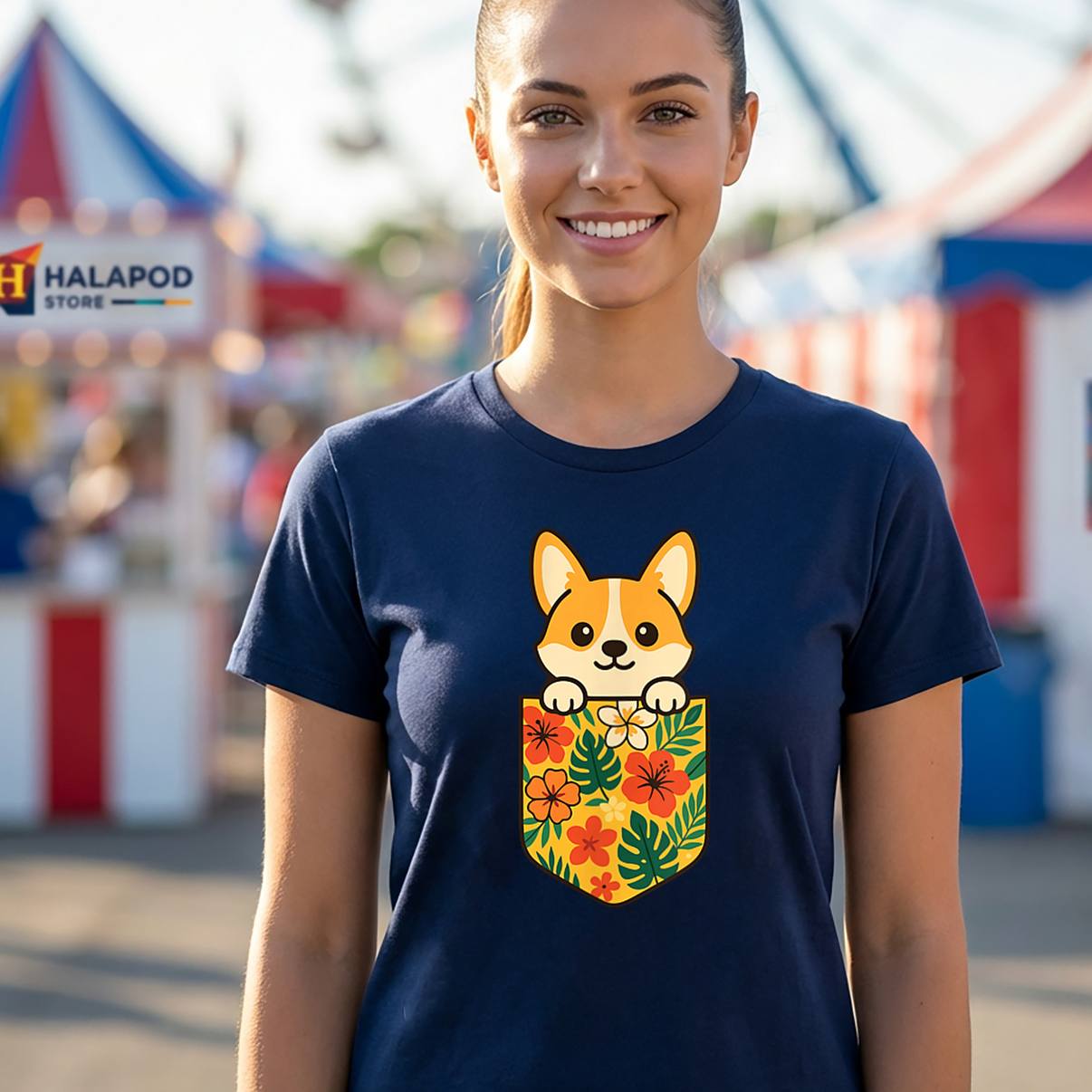 Cute Hawaiian Pocket Corgi T-Shirt Funny Tropical Vacation Pet Graphic Men