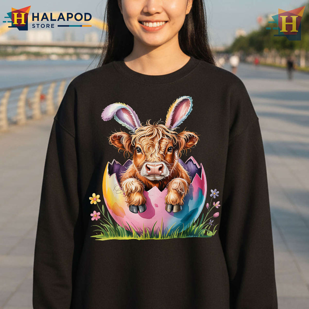Cute Highland Cow Bunny Design Easter Shirts For Women Spring Farm Style