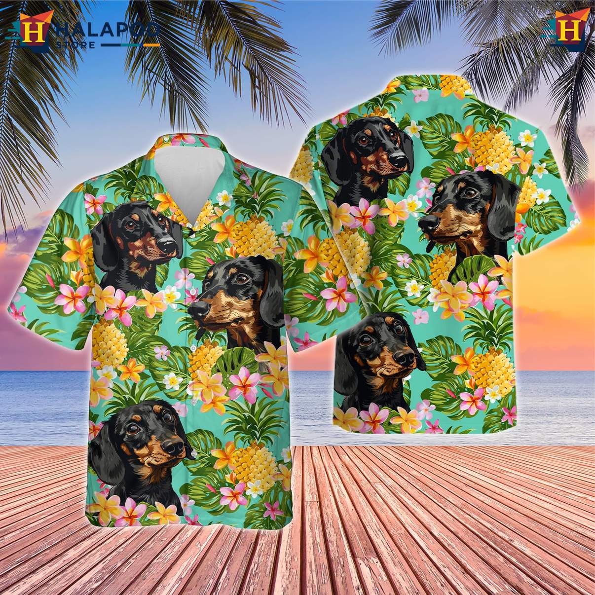 Dachshund Dog Tropical Shirt Mens Tropical Summer Casual Button Down Apparel