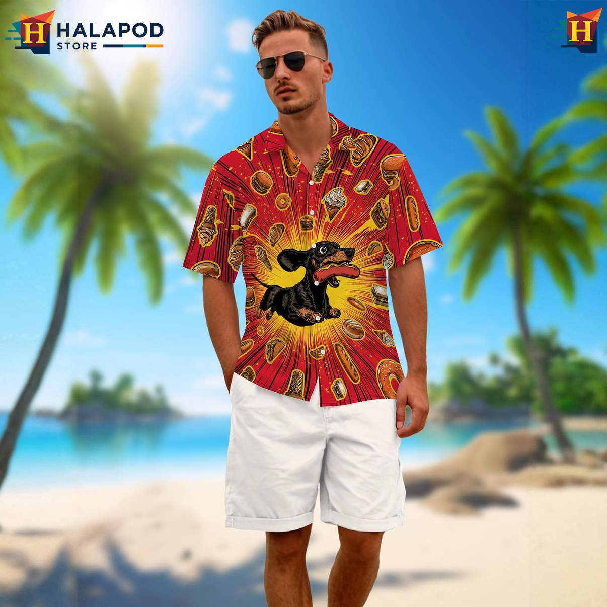 Dachshund Dog Mens Funny Hawaiian Shirt Retro Graphic Aloha Summer Tops