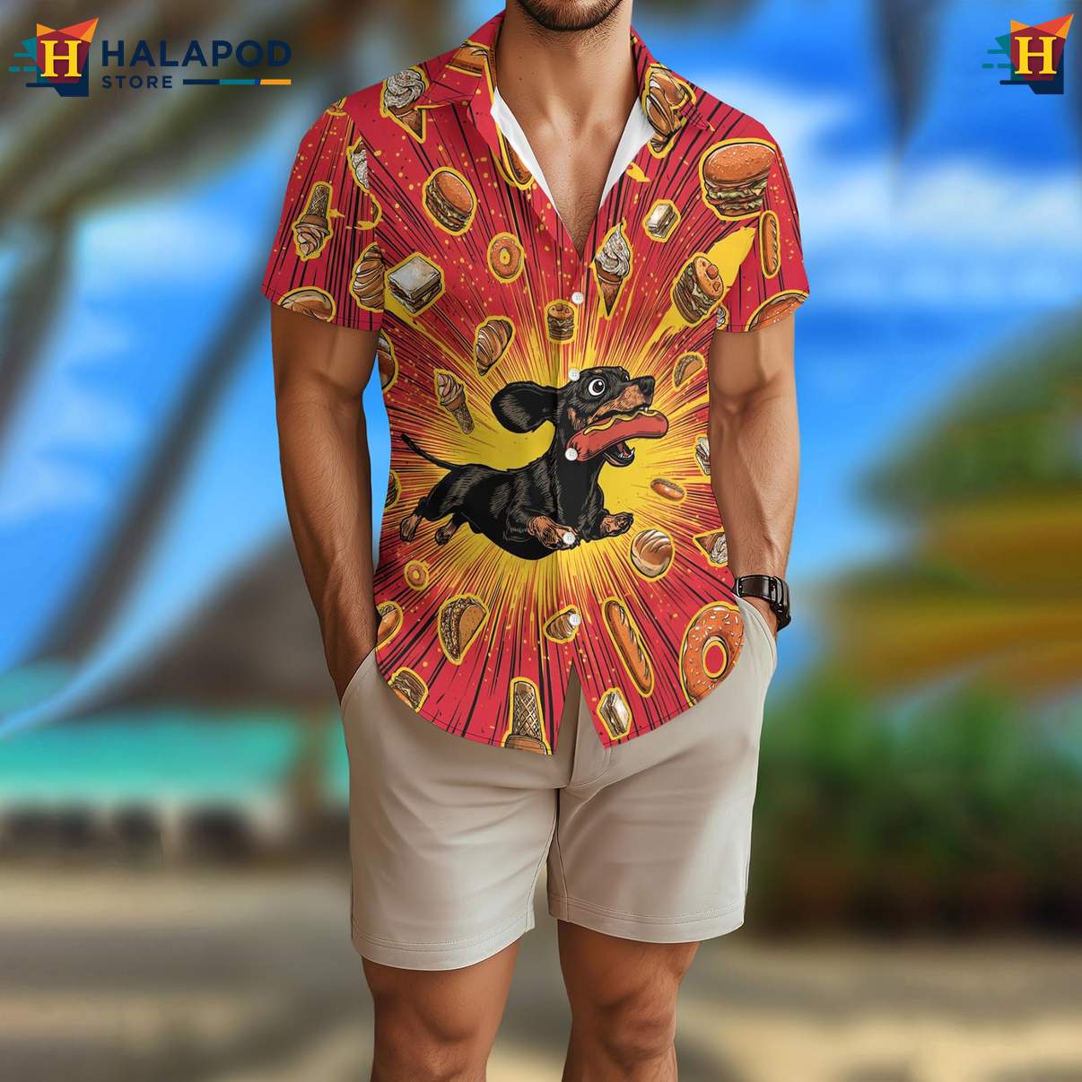 Dachshund Dog Mens Funny Short-sleeve button-up shirt Retro Graphic Aloha Summer Tops