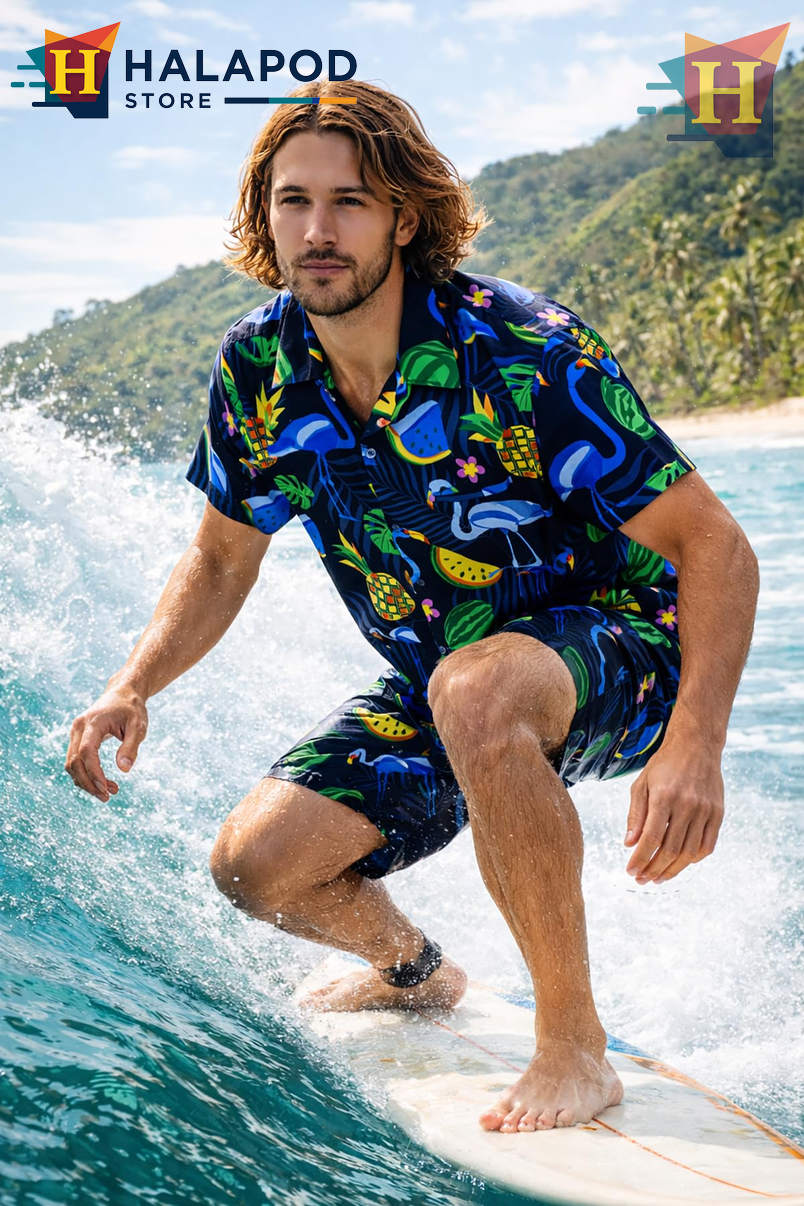 Dark Blue Flamingo Melon Hawaiian Shirt Tropical Summer Beach Casual Shirt