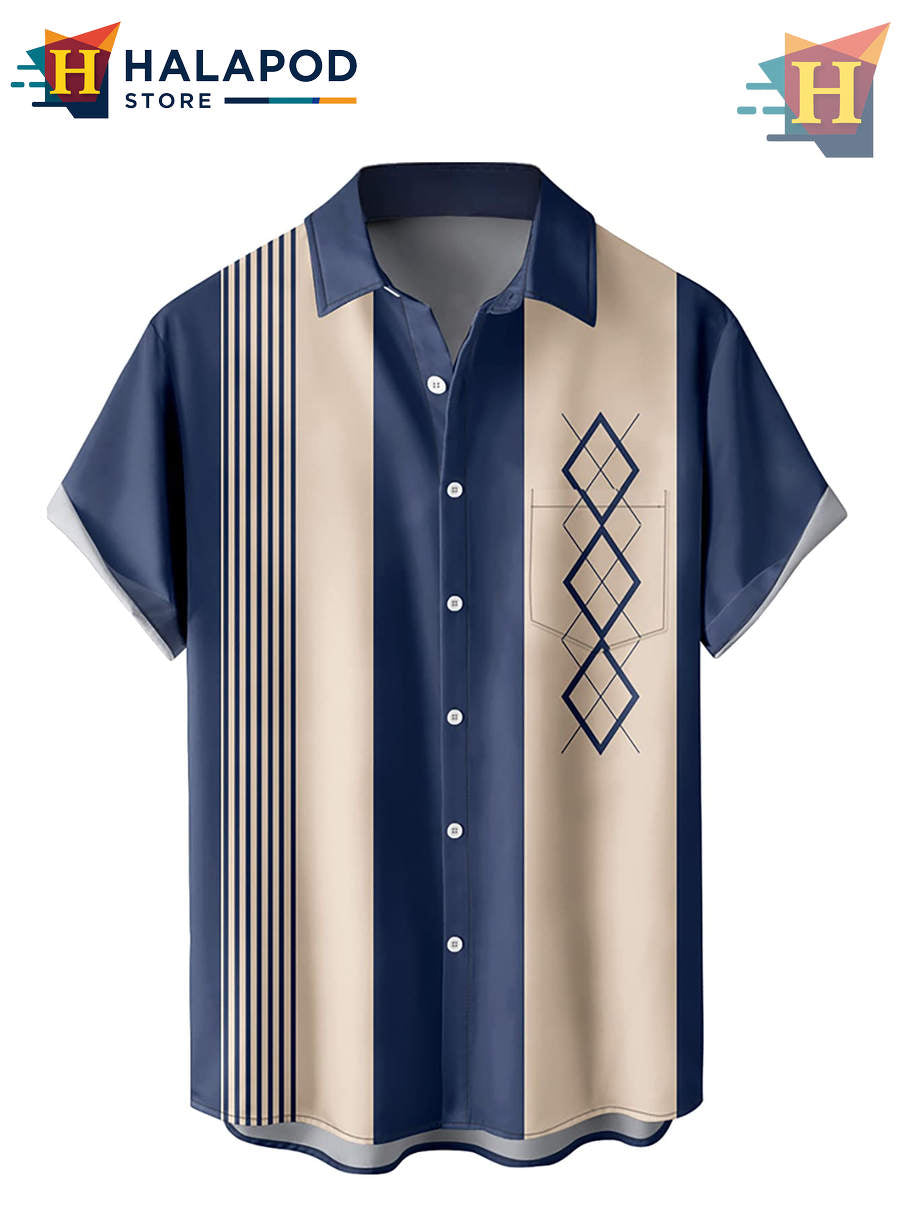 Dark Blue Geometric Hawaiian Shirt 2026 Tropical Holiday Casual Beach Apparel