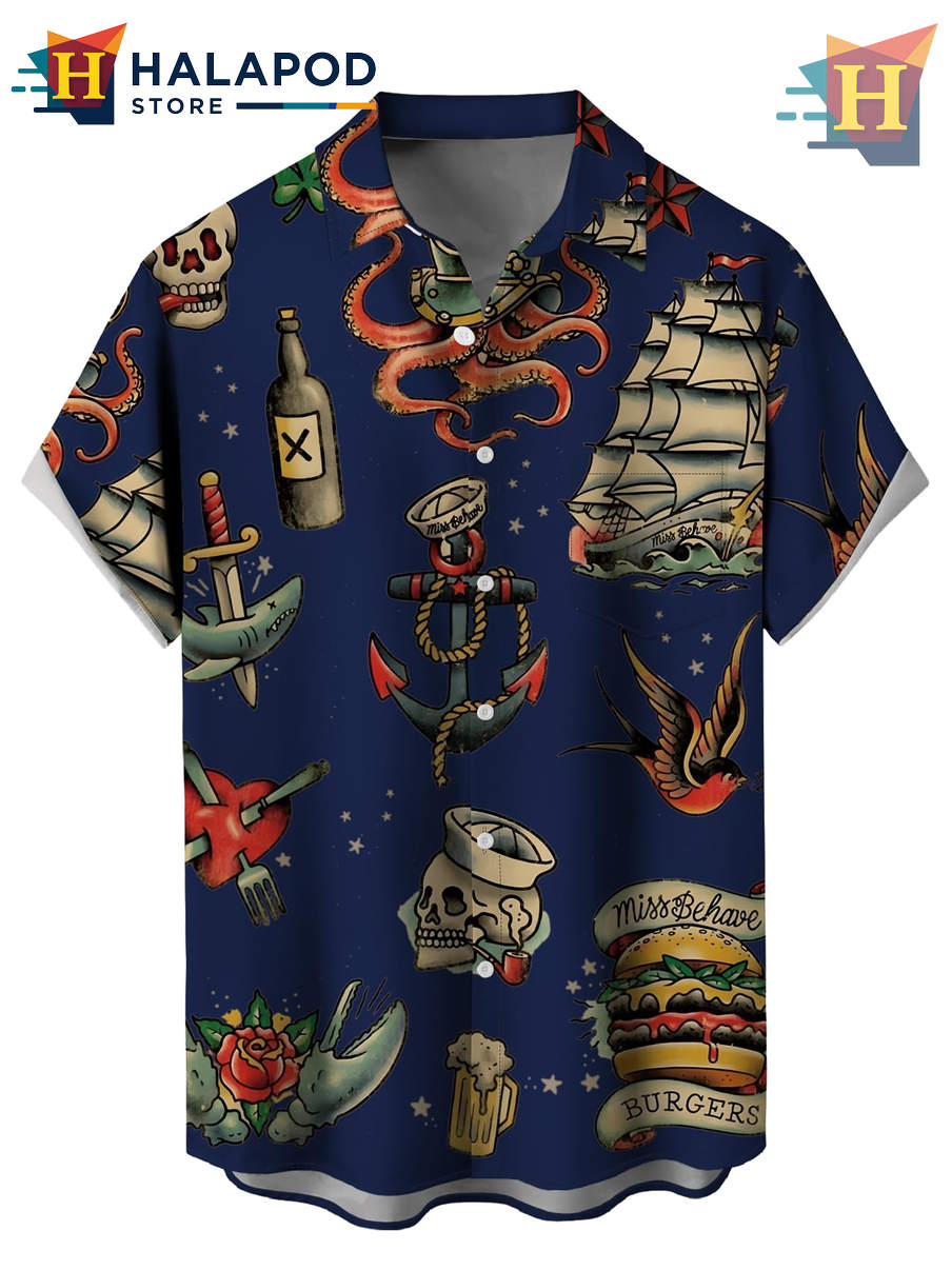 Dark Blue Nautical Elements Hawaiian Shirt Tropical Holiday Casual Beach Gear