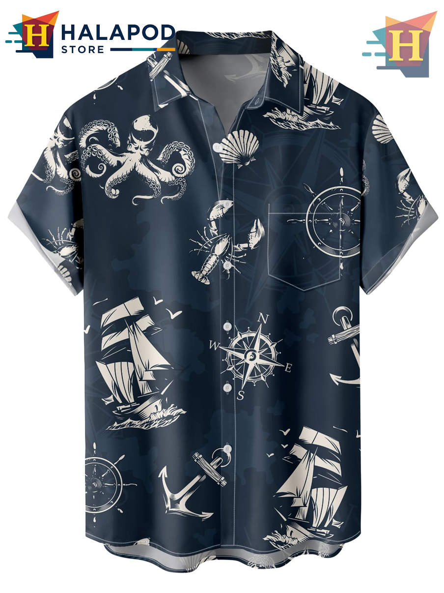 Dark Blue Sailboat Hawaiian Shirt 2026 Tropical Holiday Casual Beach Apparel