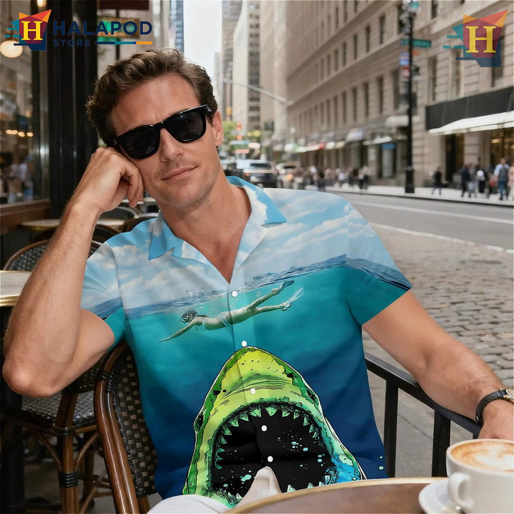 Deep Sea Shark Print Hawaiian Shirt Funny Tropical Holiday Summer Mens Shirt