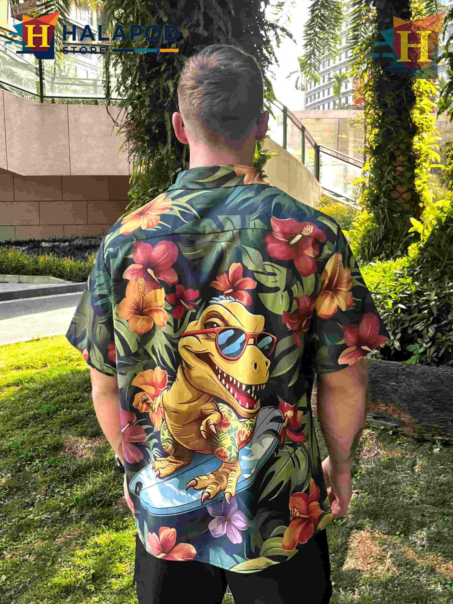 Dinosaur Tattoo Hawaiian Shirt Funny Graphic Tropical Casual Beach Mens Shirt