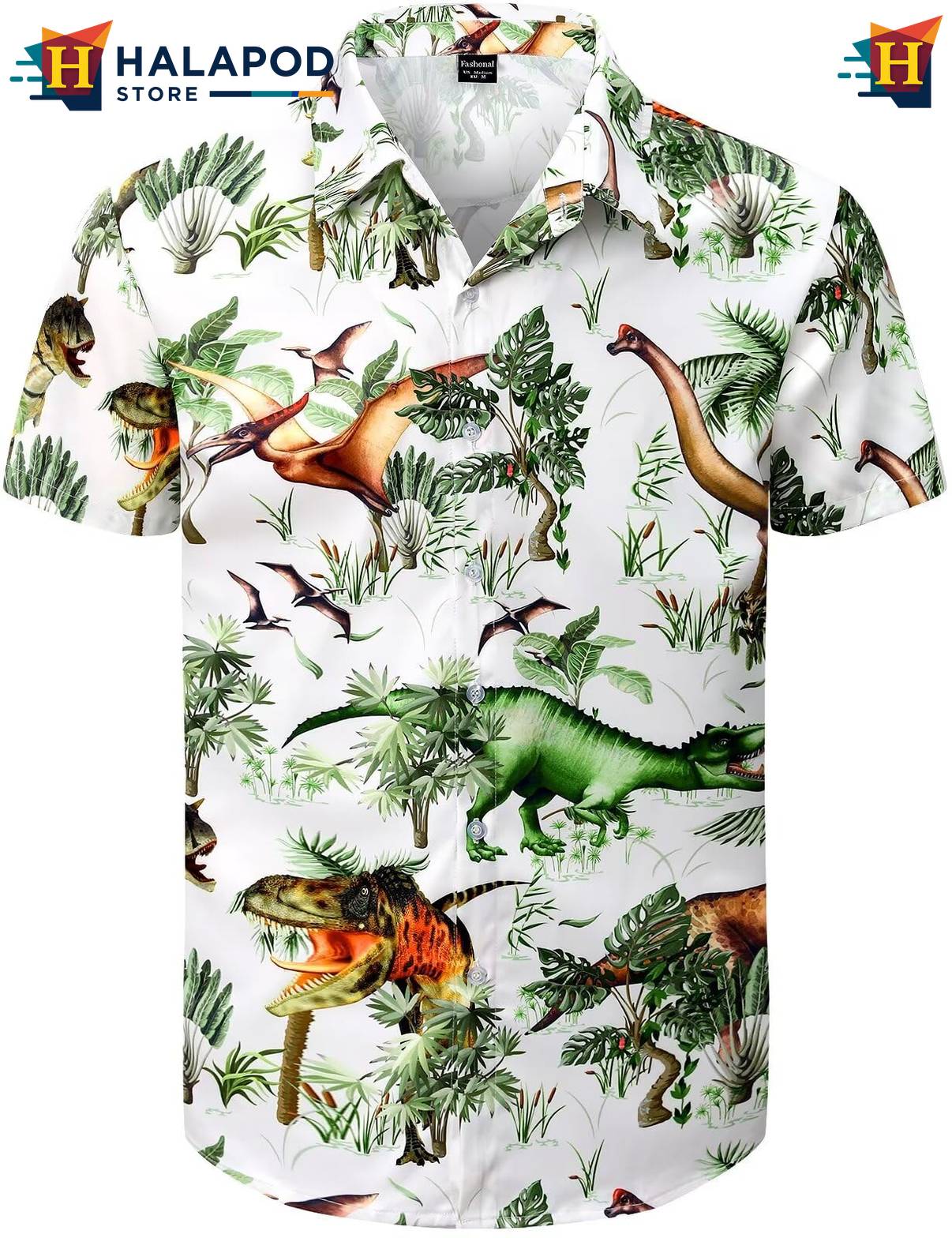 Dinosaur White Hawaiian Shirt Mens Tropical Beach Button Down Short Sleeve