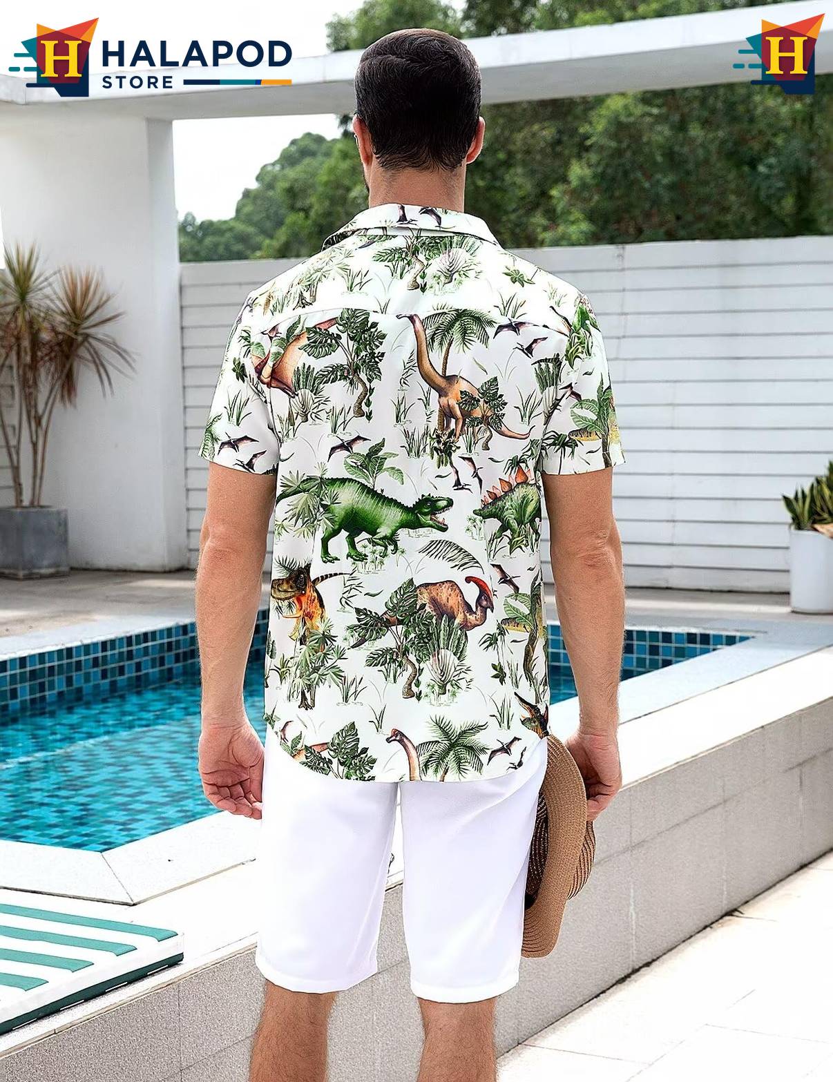 Dinosaur White Tropical Shirt Mens Tropical Beach Button Down Short Sleeve