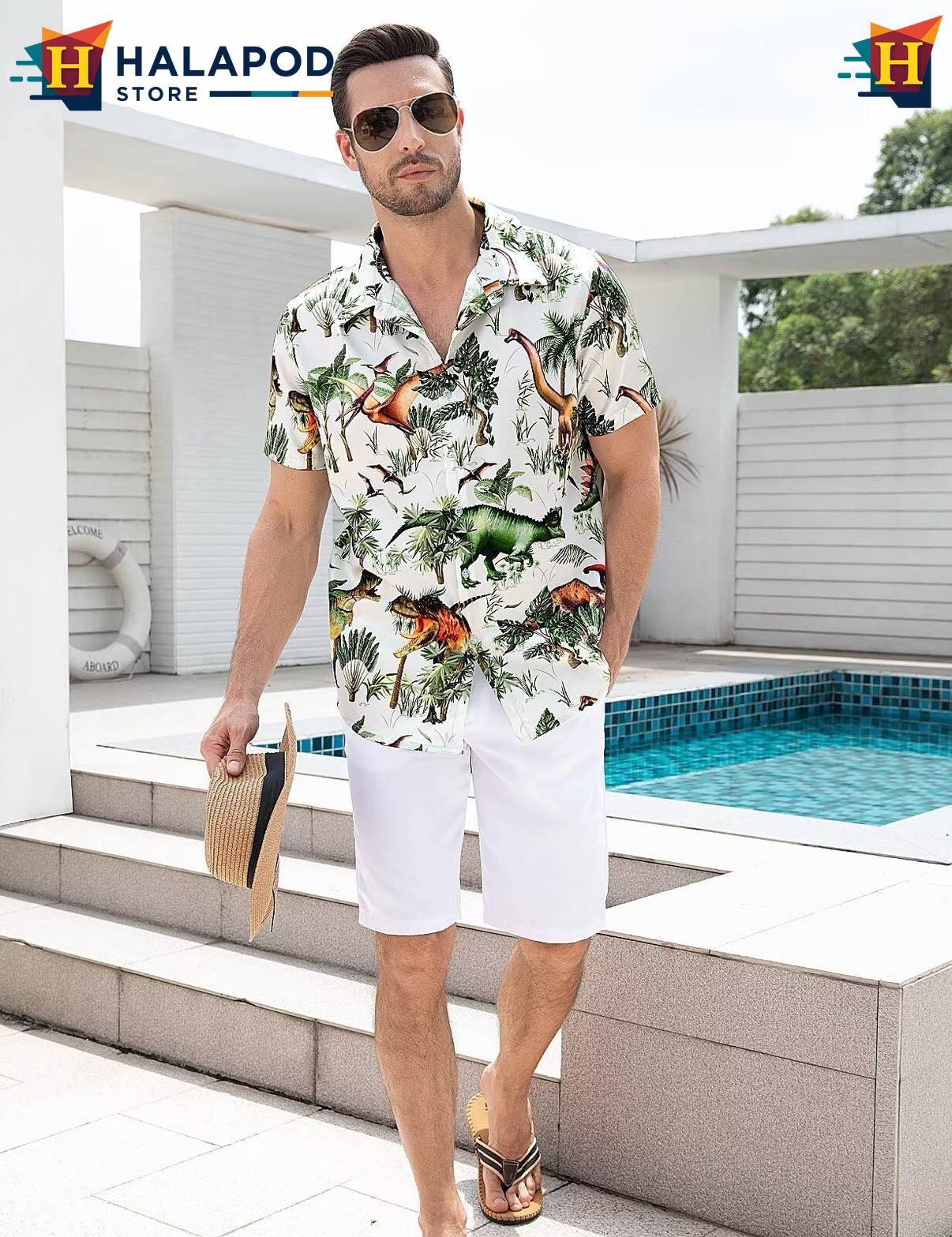 Dinosaur White Aloha Shirt Mens Tropical Beach Button Down Short Sleeve