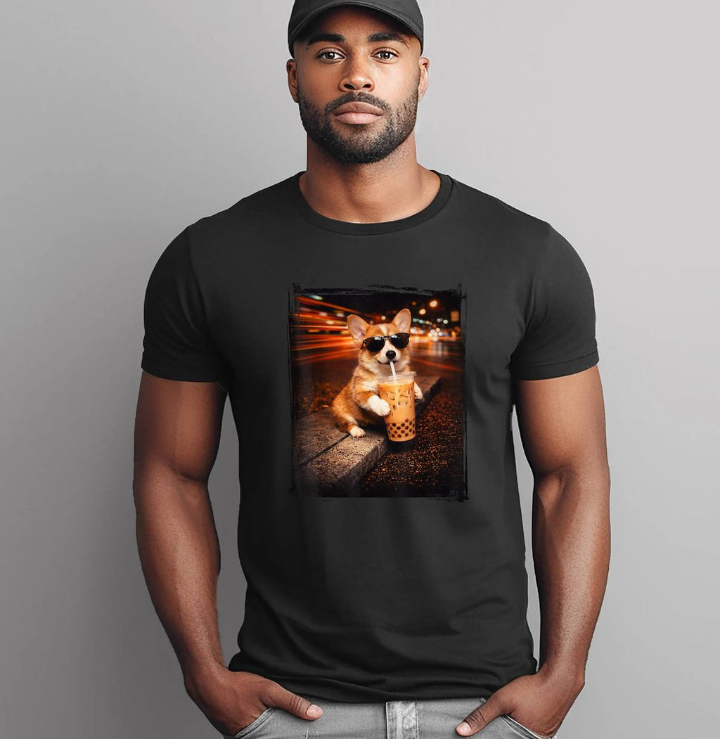 Dog Corgi Drinking Iced Coffee Shirt Funny Animal Meme Graphic For Mens