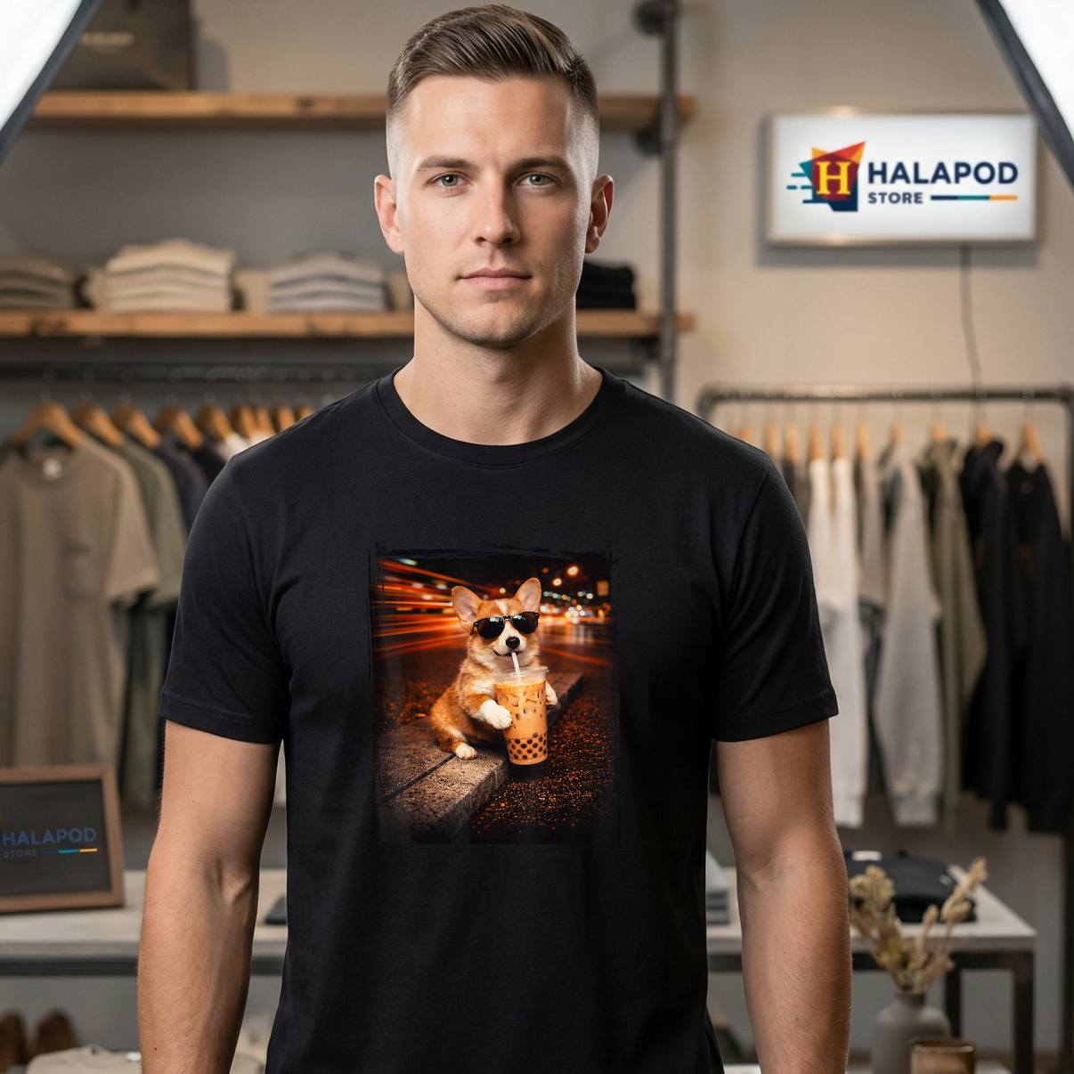 Dog Corgi Drinking Iced Coffee Tee Shirt Funny Animal Meme Graphic For Mens