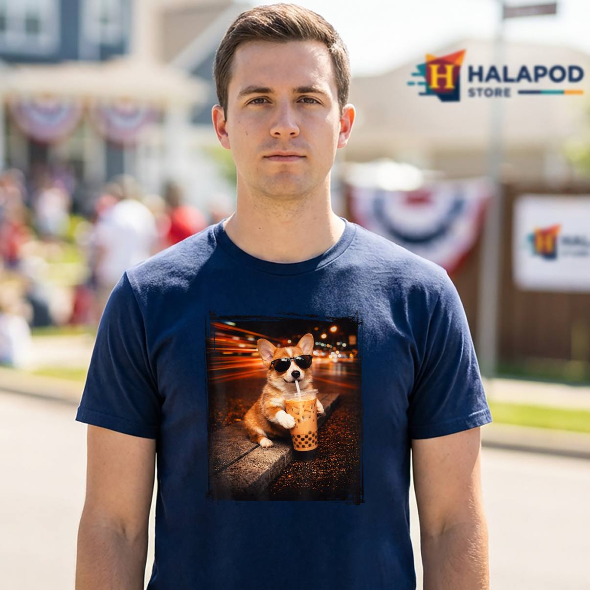 Dog Corgi Drinking Iced Coffee T-Shirt Funny Animal Meme Graphic For Mens