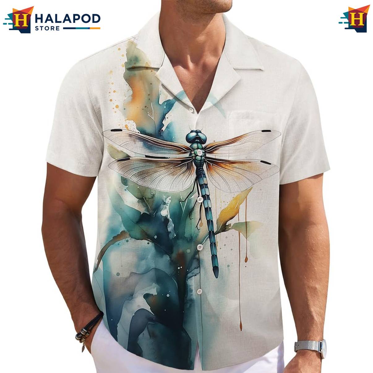 Dragonfly Tropical Short-sleeve button-up shirt Mens Short Sleeve Floral Button Down Tops
