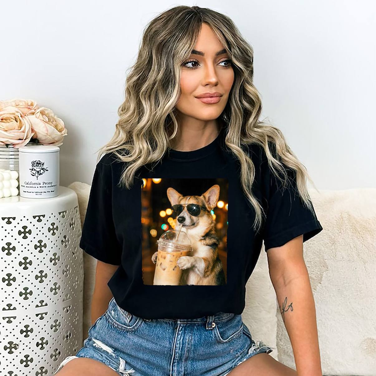 Drinking Ice Coffee Corgi Meme Shirt Funny Dog Graphic Apparel For Mens
