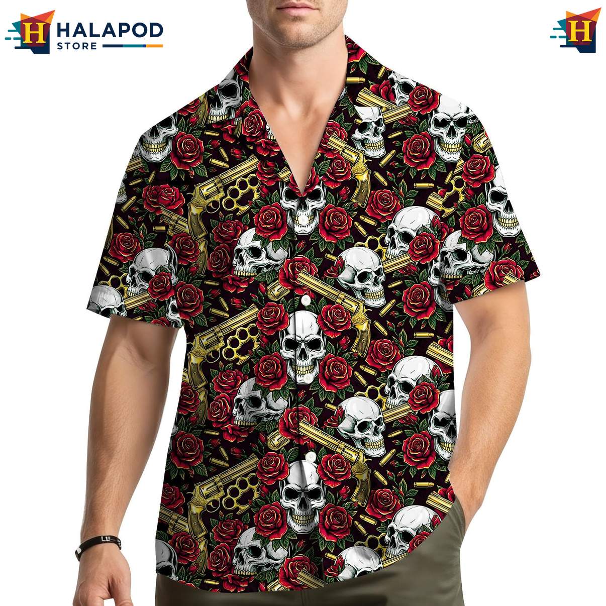 Edgy Rose Skull Aloha Shirt, Vibrant Red Roses And Skulls Summer Button Down Shirt
