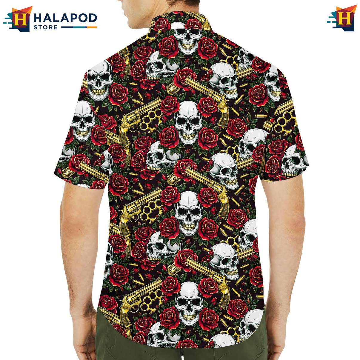 Edgy Rose Skull Aloha Tee Shirt, Vibrant Red Roses And Skulls Summer Button Down Shirt