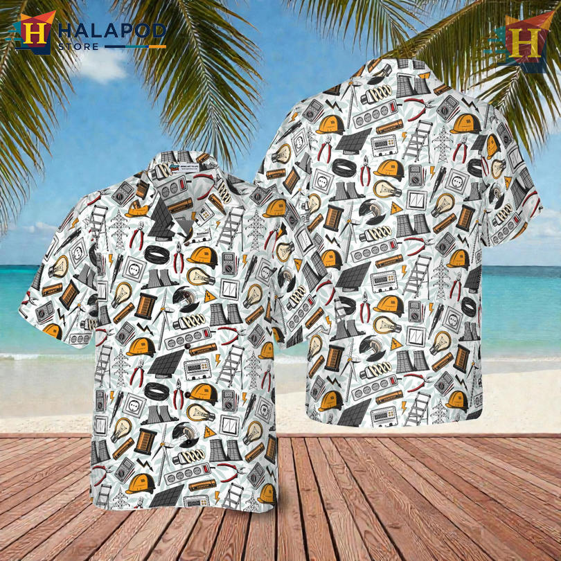Electrician Workwear Graphic With Hawaiian Button Up Shirt Island Casual Style