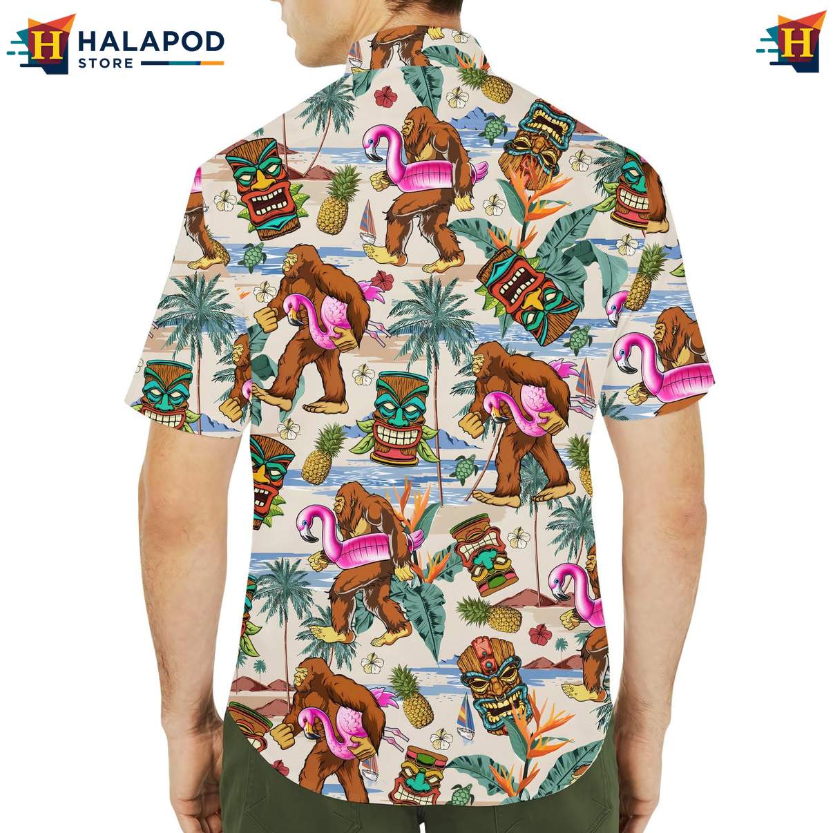 Exciting Bigfoot Short-sleeve button-up shirt, Multicolor Summer Beach Button Down For Men
