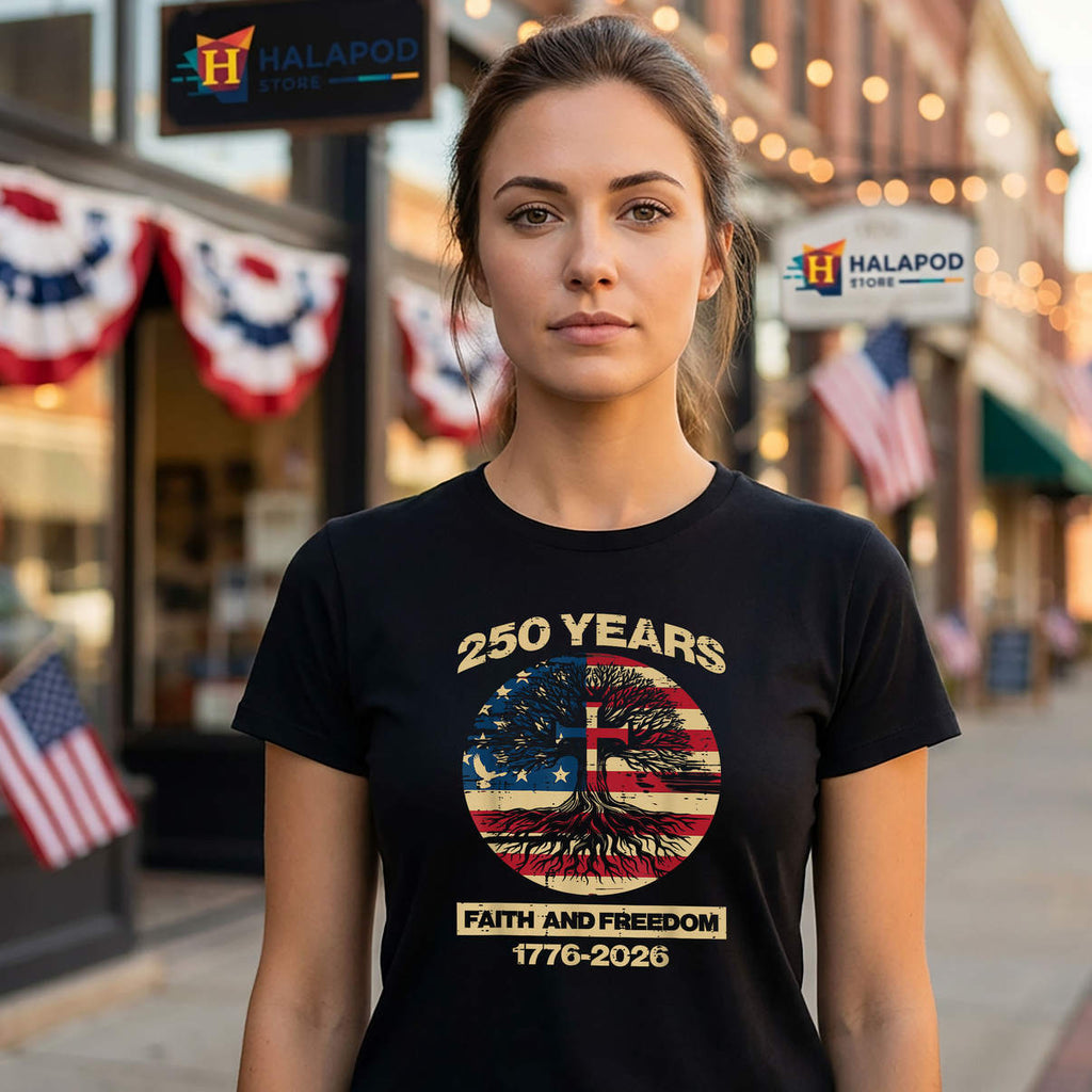 Faith Freedom Tree Cross Shirt 250 Years 250th Anniversary USA Graphic Mens