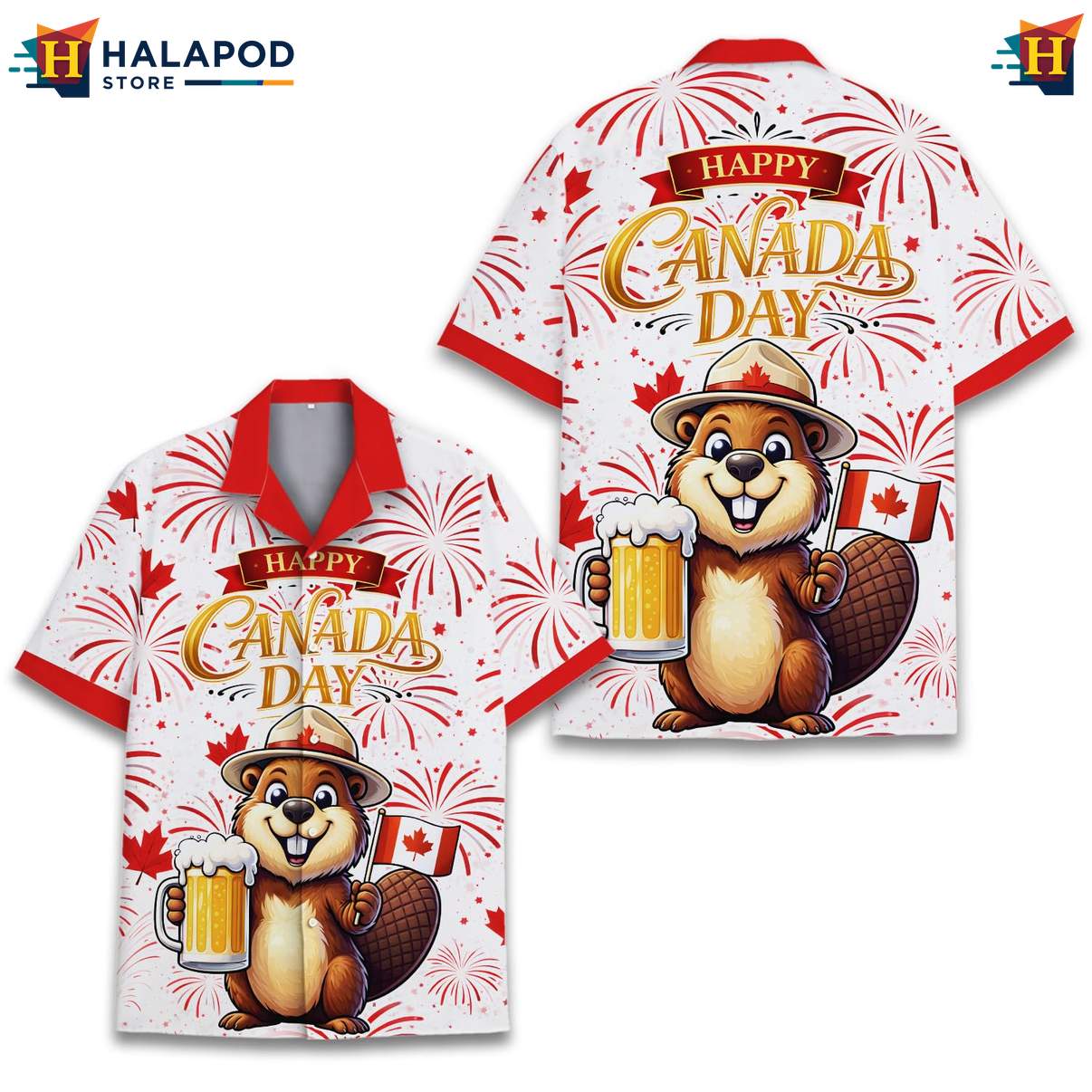 Festive Beaver Short-sleeve button-up shirt, Canada Day Shirt With Fireworks And Maple Leaves