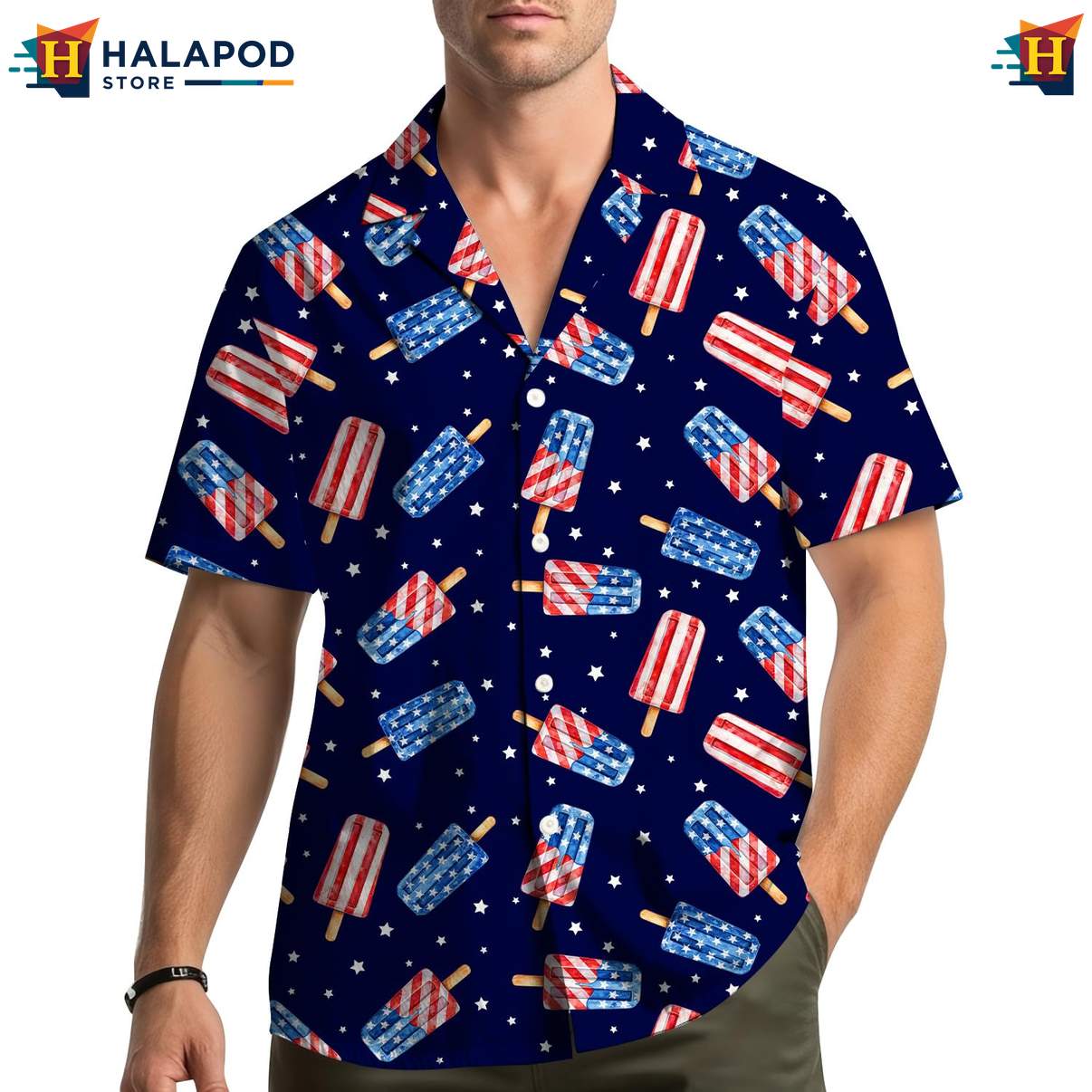 Festive Ice Cream Aloha Shirt, Usa Flag Button Down Shirt For 4th Of July Celebrations
