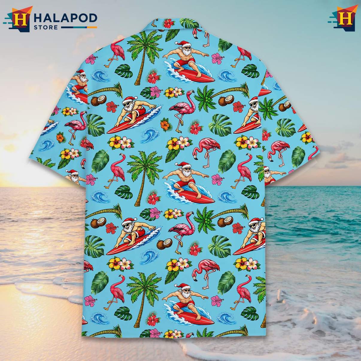 Festive Santa Claus Tropical Shirt, Blue Summer Shirt With Tropical Elements