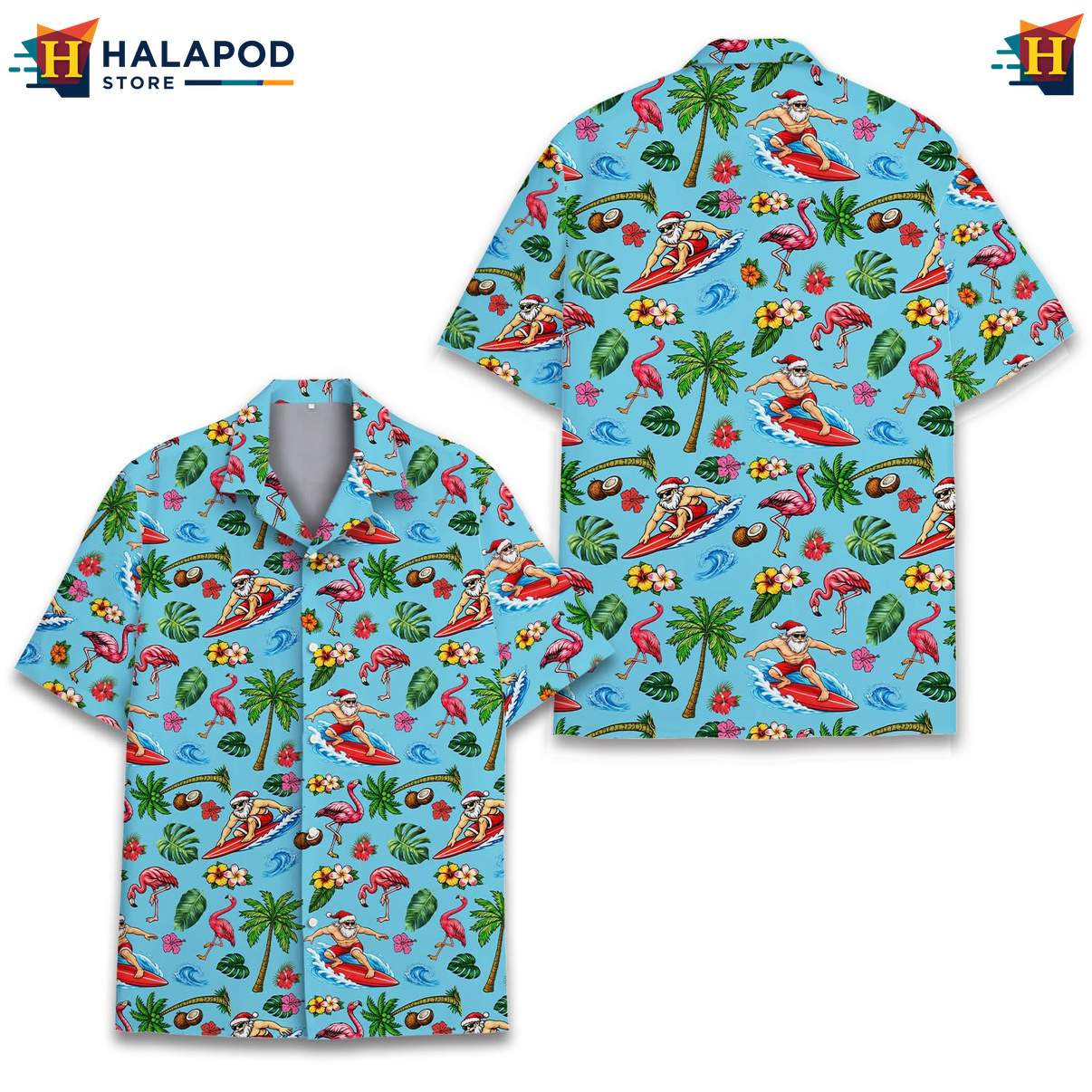 Festive Santa Claus Aloha Shirt, Blue Summer Shirt With Tropical Elements