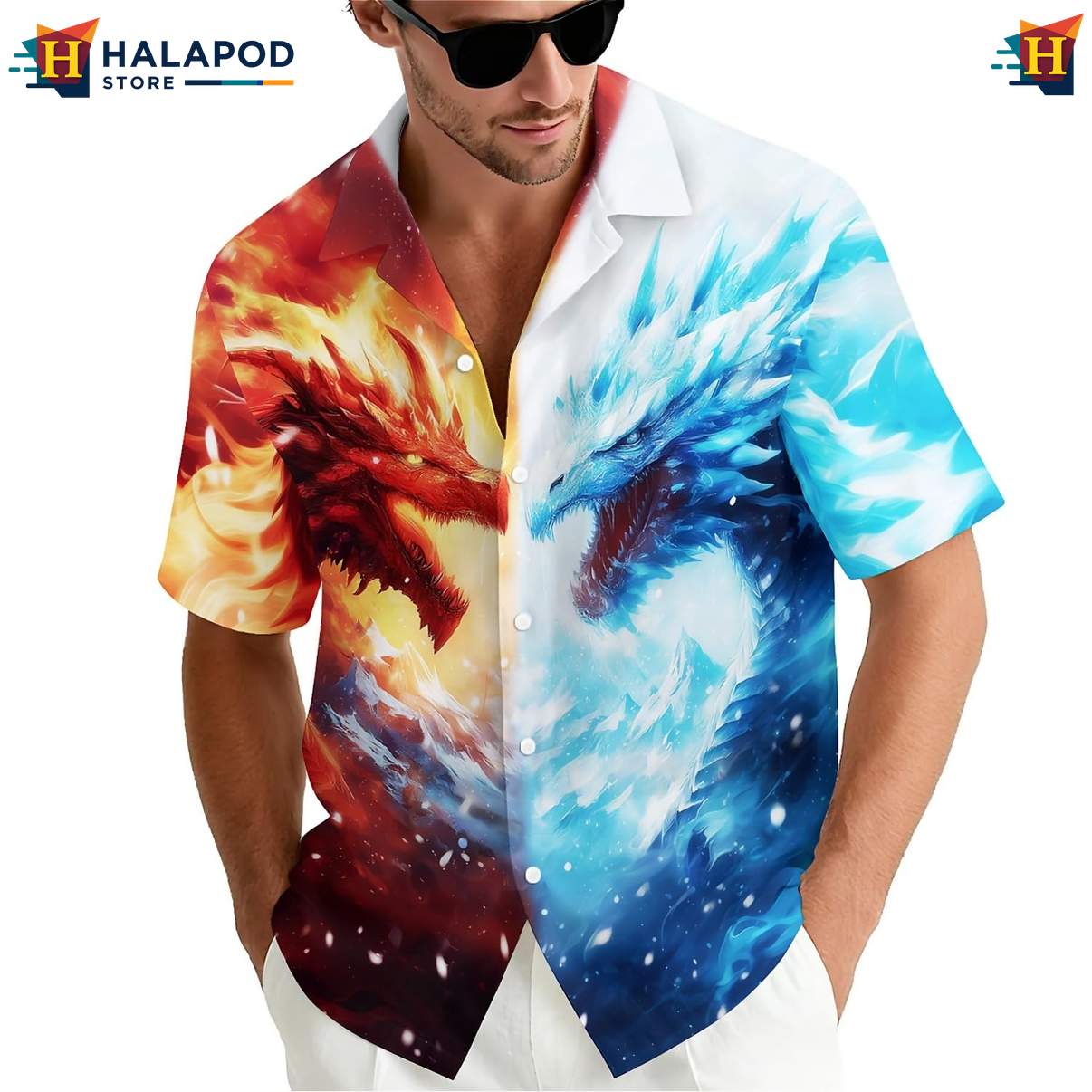Fire Ice Dragon Tropical Hawaiian Shirt Short Sleeve Floral Button Down