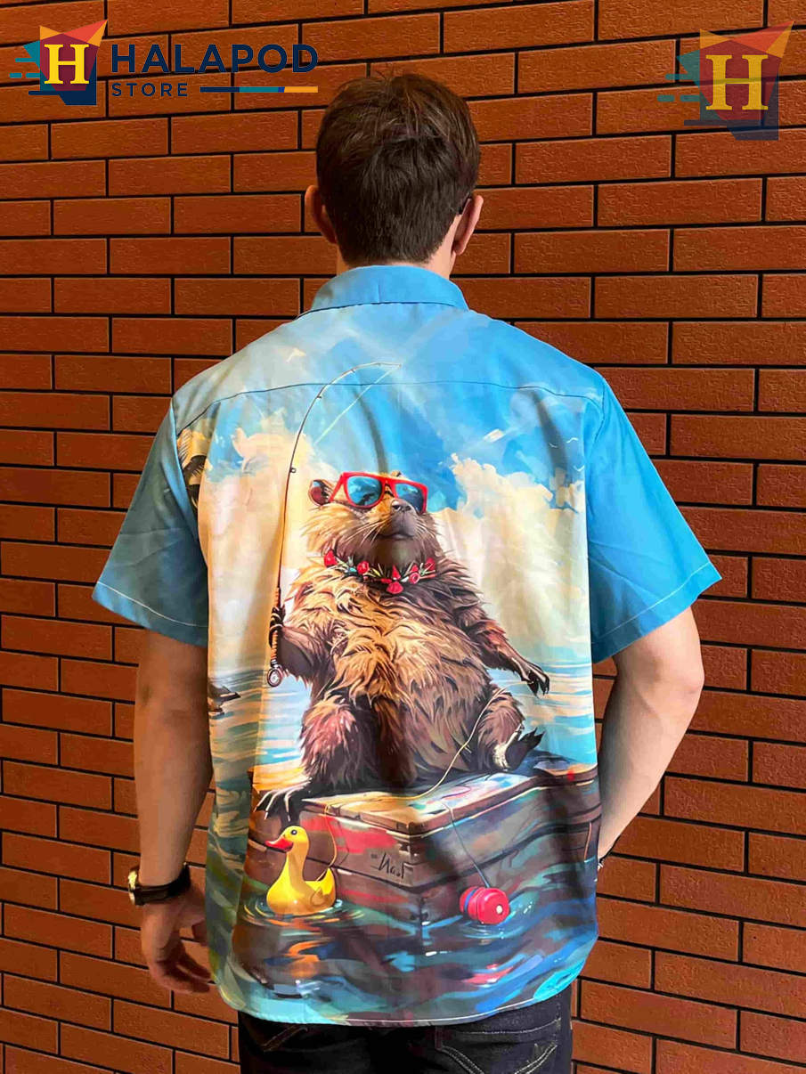Fishing Beavers Hawaiian Shirt Funny Graphic Tropical Casual Beach Mens Shirt