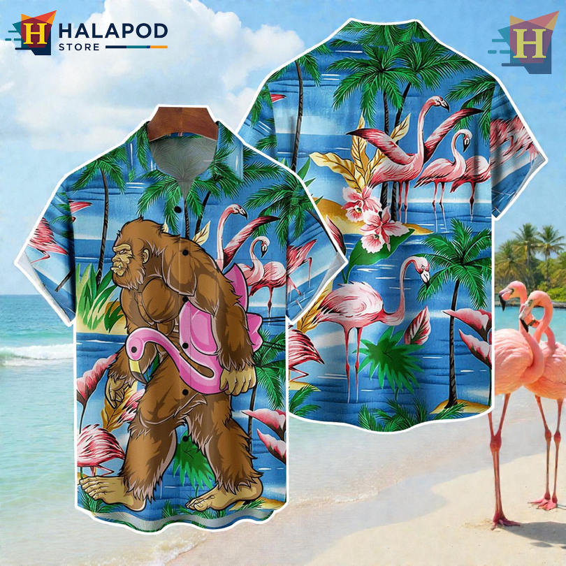 Flamingo Bigfoot Design Cool Hawaiian Shirts for Beach Adventures This Summer