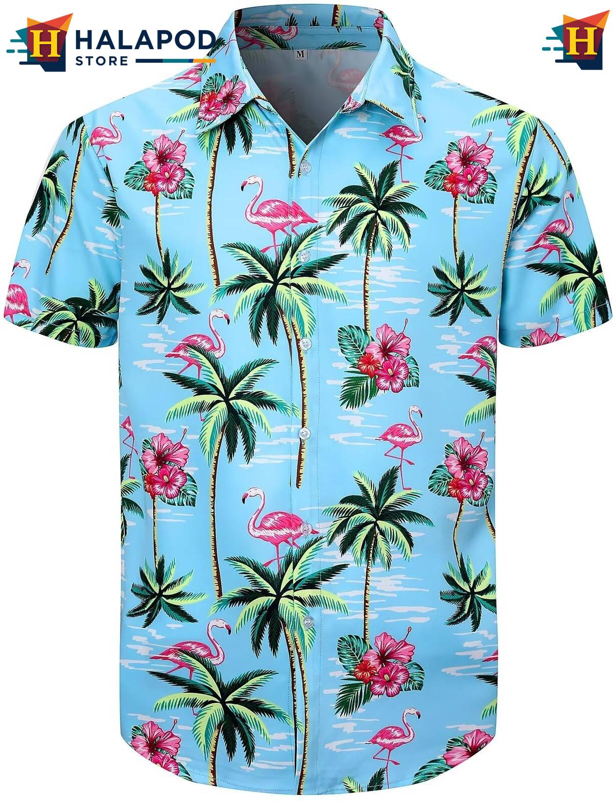 Flamingo Blue Hawaiian Shirt Mens Tropical Beach Button Down Short Sleeve