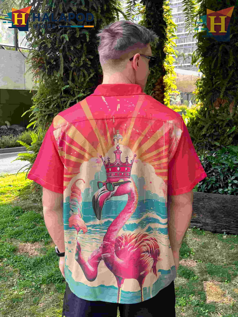 Flamingo Crown Hawaiian Shirt Funny Graphic Tropical Casual Beach Mens Shirt