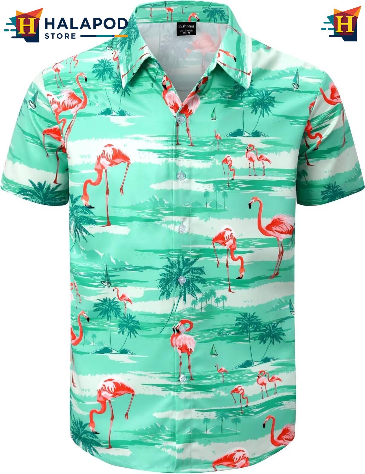 Flamingo Green Hawaiian Shirt Mens Tropical Beach Button Down Short Sleeve