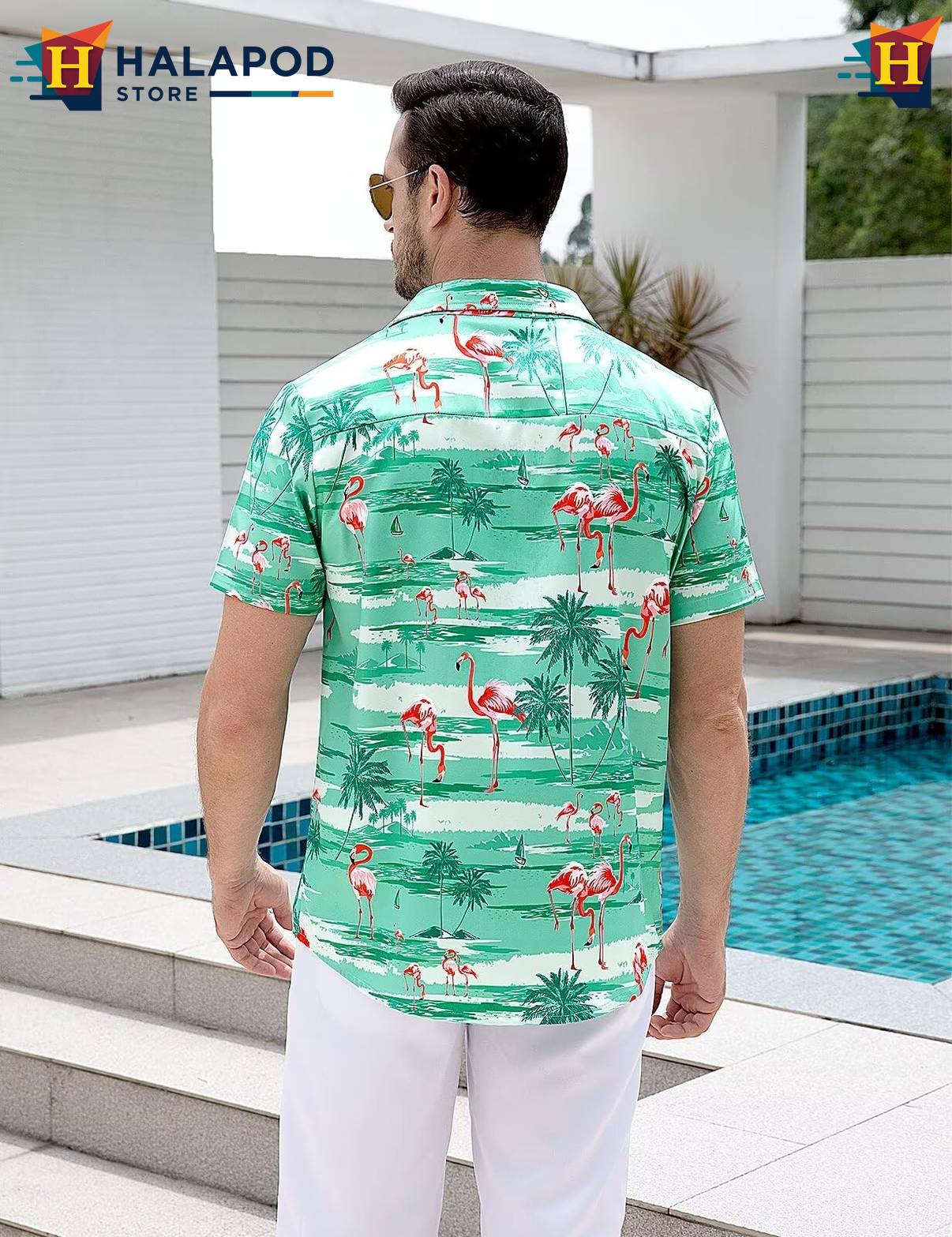 Flamingo Green Tropical Shirt Mens Tropical Beach Button Down Short Sleeve
